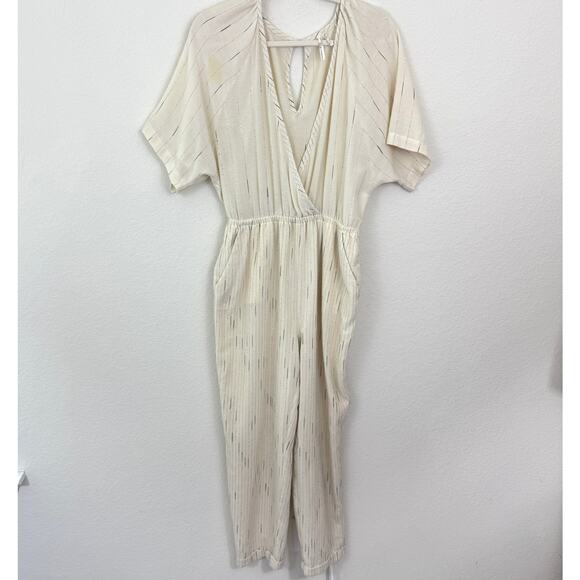Anthro Feather Bone Womens Soleil Wrap Front Stripe Jumpsuit Sz S Metallic Ivory - Picture 1 of 10